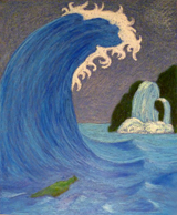 dessin d'eolienne sur fond bleu au pastel